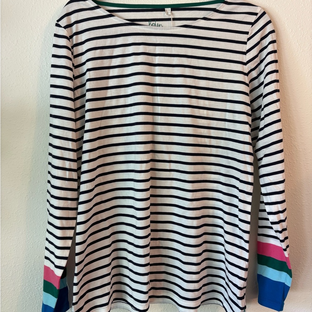 Boden White and Black Striped Long Sleeve Tee with Multi-Color Cuff Detail